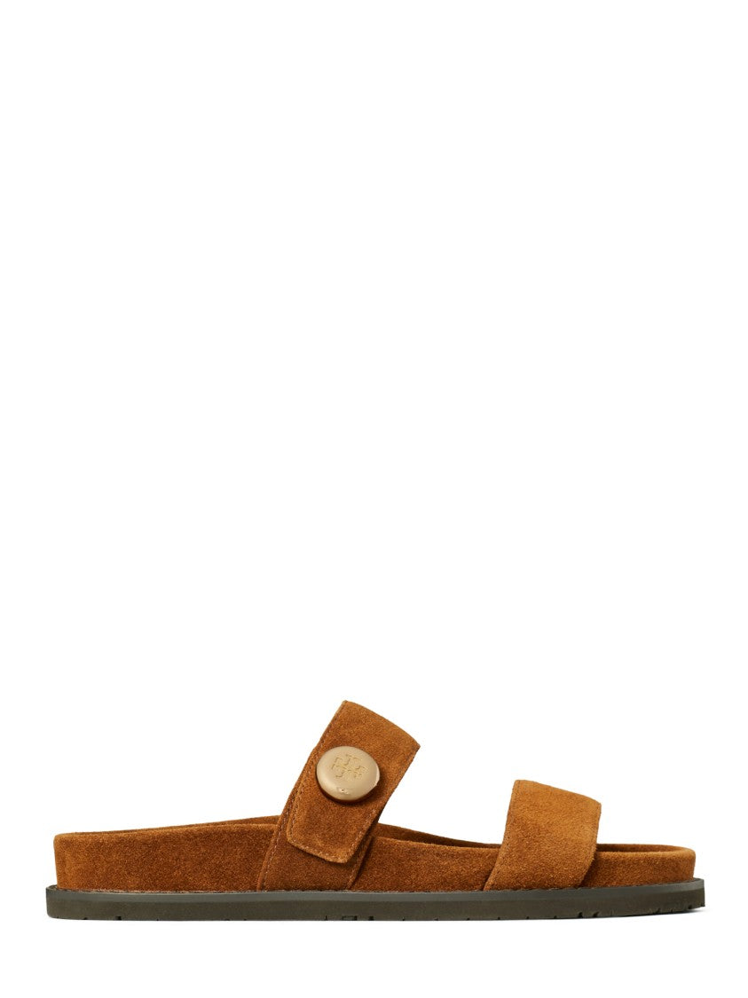 Tory Burch Flat Suede Slide Shoes With Button Detail