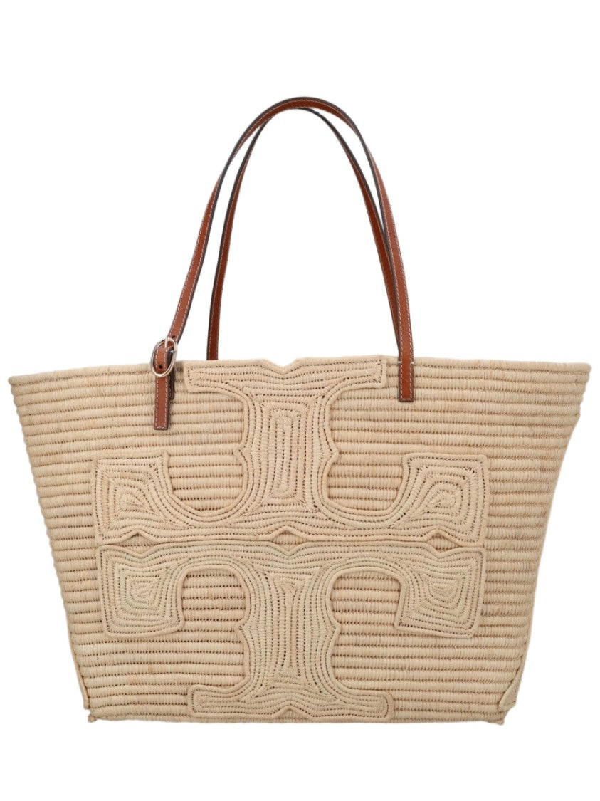 Tory Burch Woven Raffia Textured Logo Tote Bag