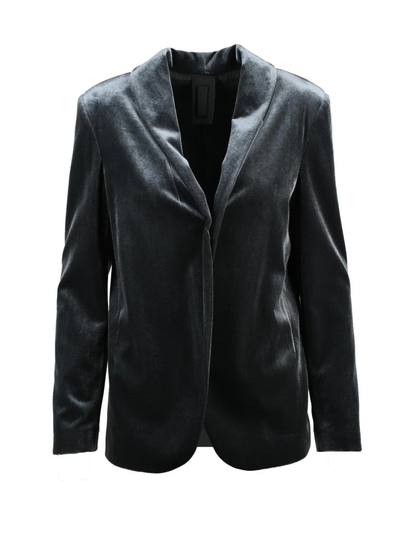 Black 961 Velvet Stretch Jacket With Open Front Design And Structured Collar