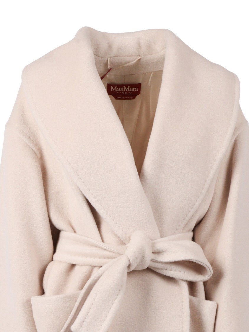 Max Mara Beige Short Coat With Wide Shawl Collar And Self-Tie Belt