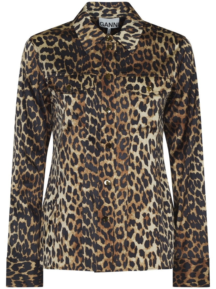 Ganni Leopard Print Shirt With Classic Collar