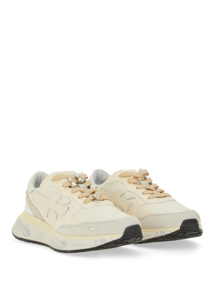 Premiata Light Beige Calf Leather Low-Top Sneakers With Metallic Accents