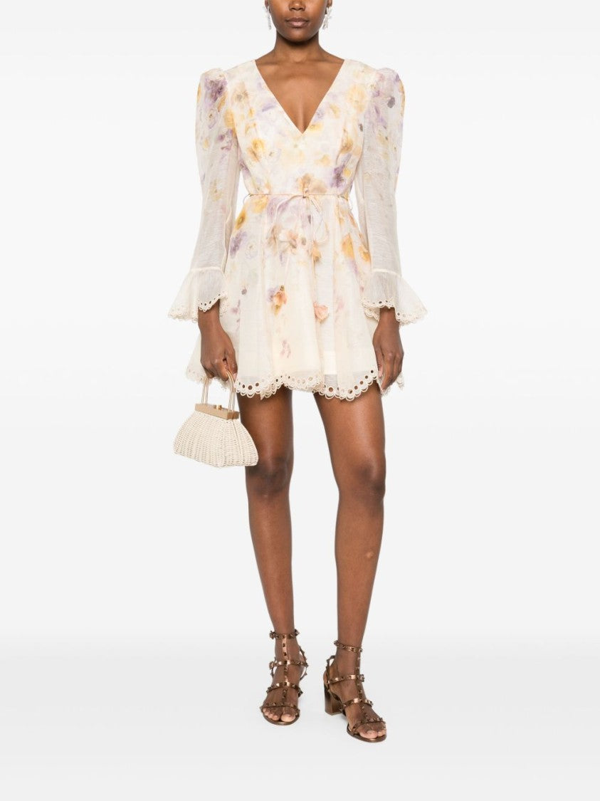 Zimmermann Floral-Embellished Minidress With Puffed Sleeves