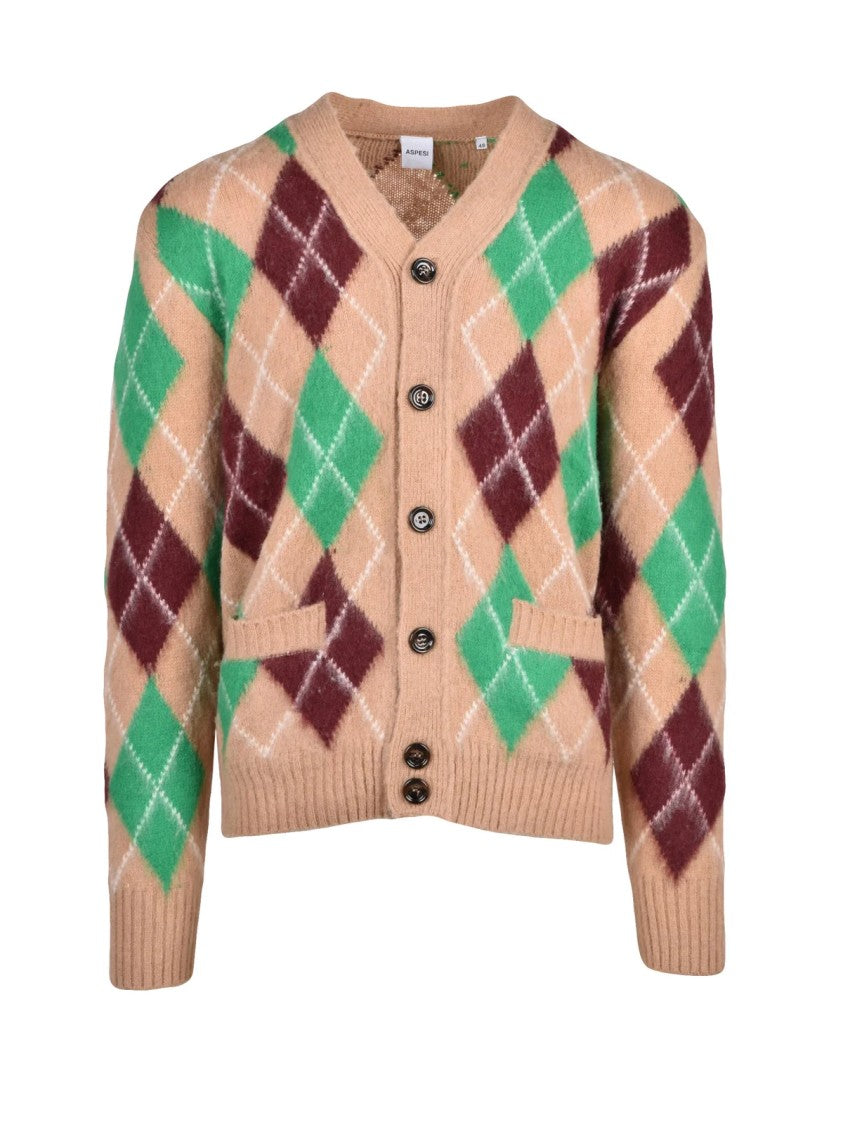 Aspesi Beige/Bordeaux Argyle Pattern V-Neck Wool Cardigan