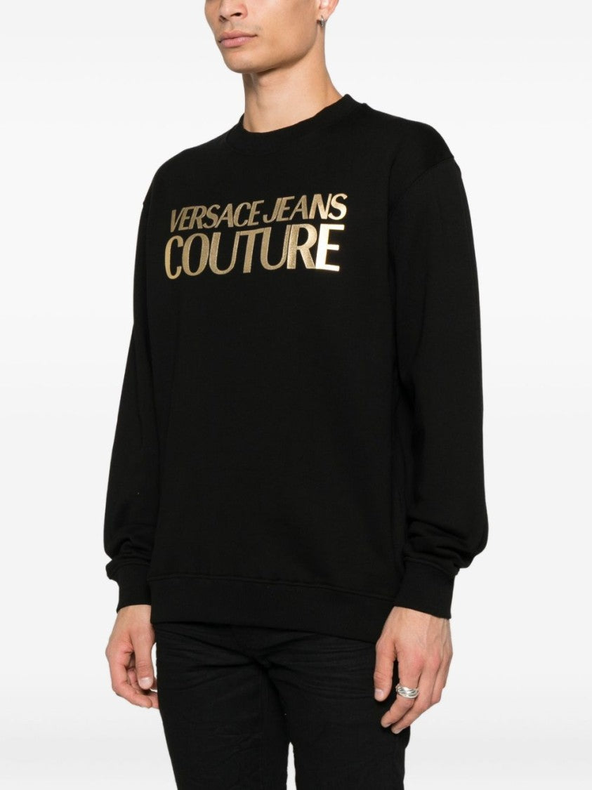 Versace Jeans Couture Black Cotton Sweatshirt With Metallic Gold Logo