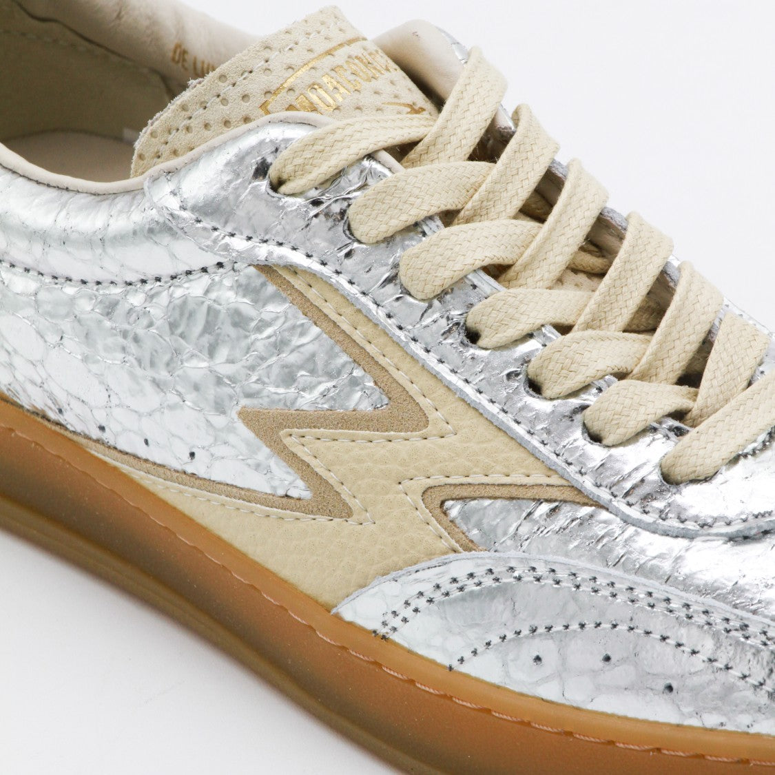 Moaconcept Crinkled Silver Sneakers With Beige Suede Accents