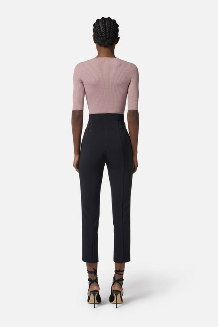 Elisabetta Franchi Black Front Zip Pocket Detail Polyester-Wool Cropped Pants