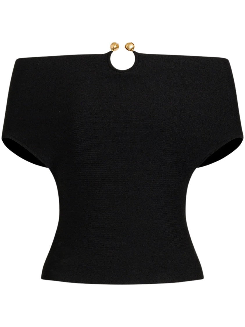 Alberta Ferretti Black Knit Sweater With Off-The-Shoulder Neckline And Gold Accent Buttons