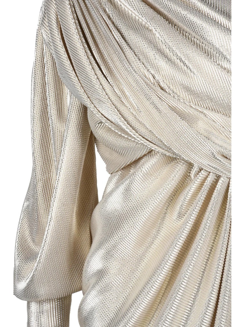 Rhea Costa Silver Polyamide One-Shoulder Lamé Long Dress