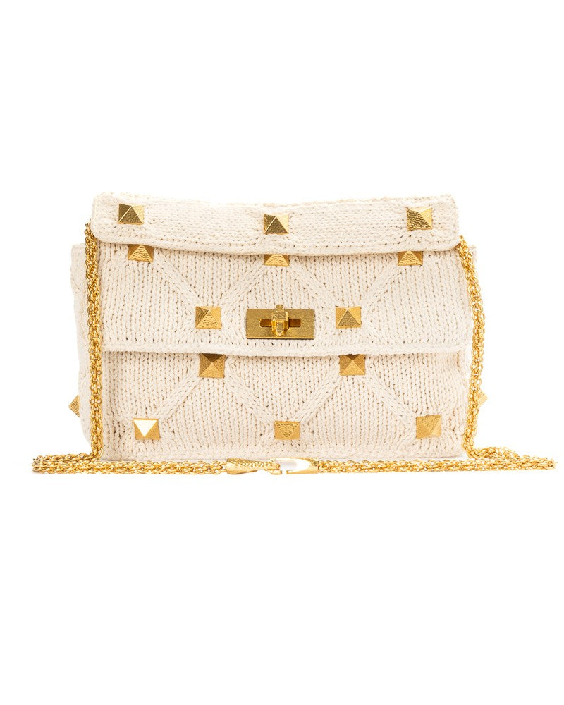 Valentino Roman Stud Large Knitted Shoulder Bag With Gold Pyramid Studs