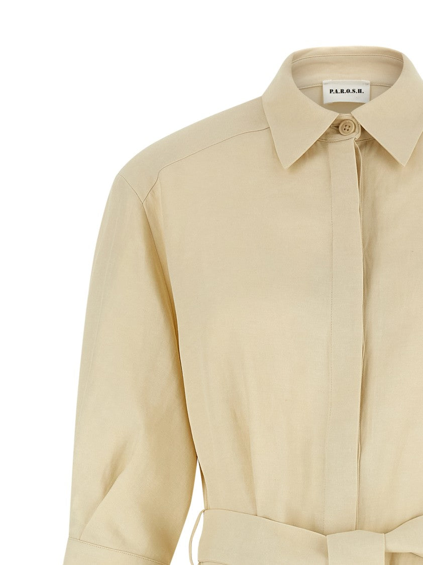 P.A.R.O.S.H. Linen Blend Chemisier Dress With Covered Buttons