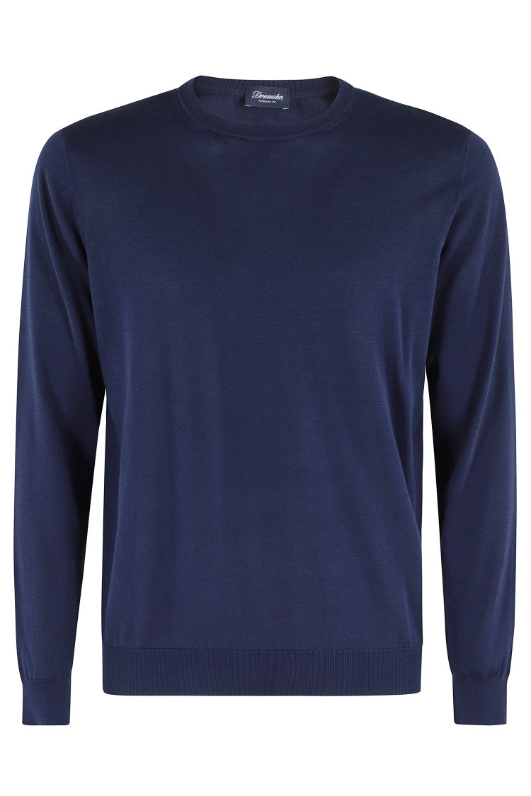 Drumohr Smooth Knit Blue Sweater With Ribbed Cuffs