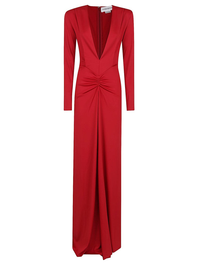 Victoria Beckham Long Sleeve Deep V-Neck Gown