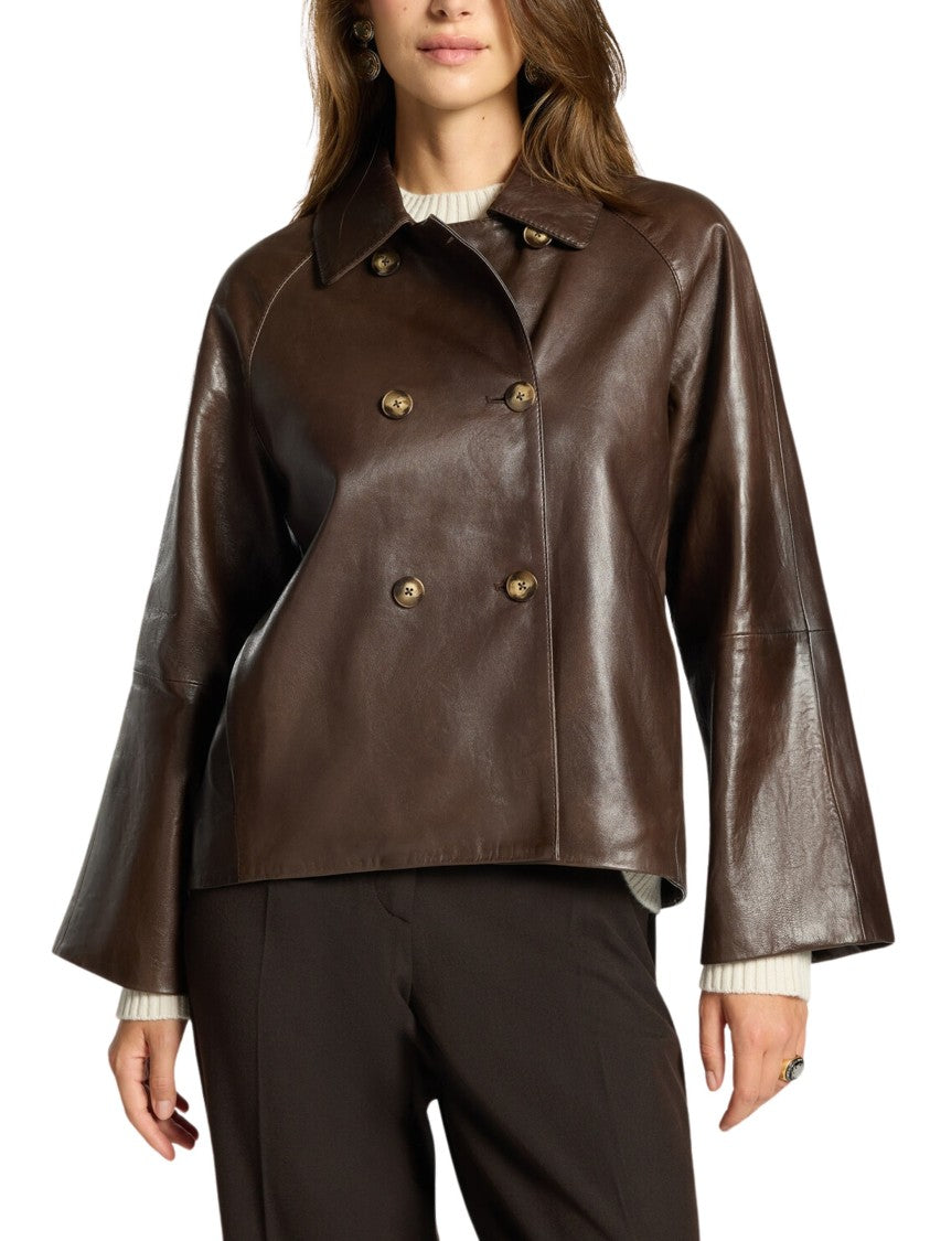 Elena Miro` Brown Corto Real Leather Double-Breasted Jacket