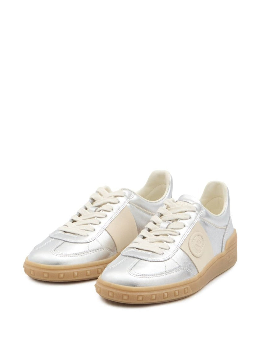 Valentino Garavani Metallic Silver Flats With Beige Accents