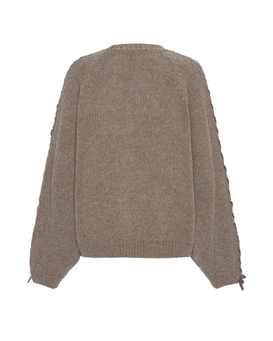 Rotate Intricate Lace-Up Knitted Sweater In Muted Taupe