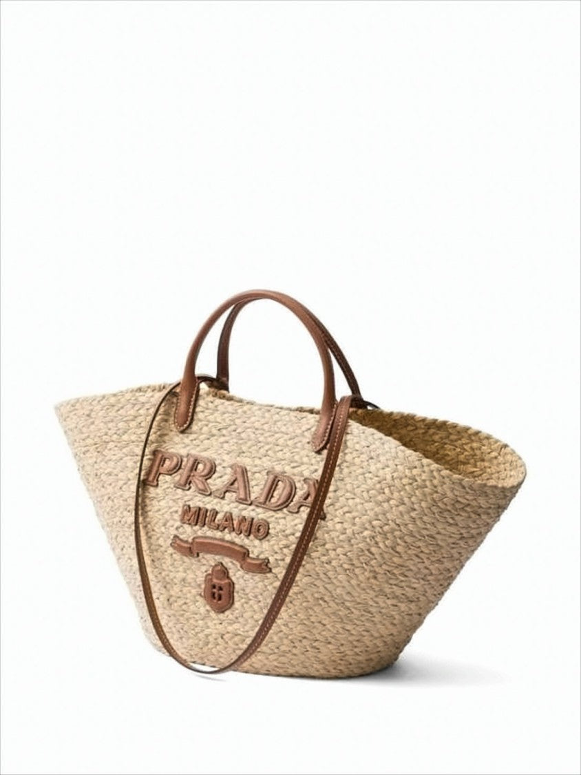 Prada Trapezoidal Raffia Shoulder Bag With Embossed Logo Detail