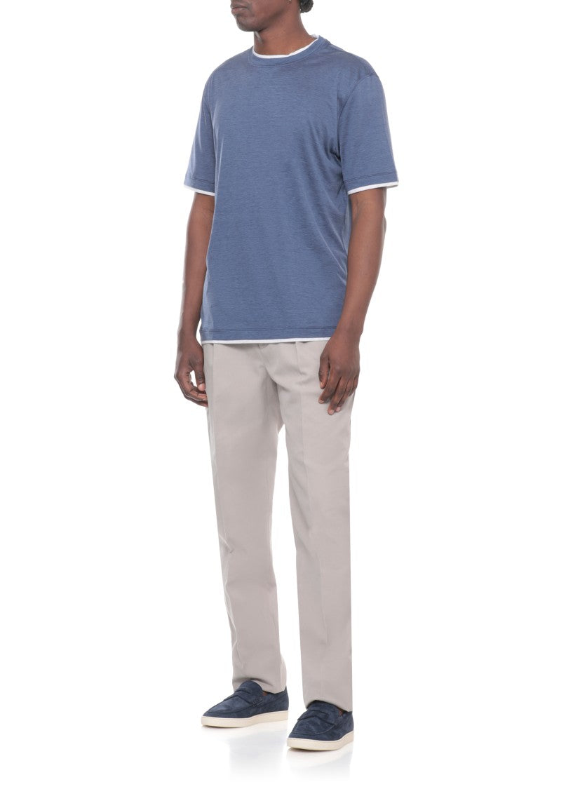 Brunello Cucinelli Blue Contrasting Trims Silk-Blend T-Shirt