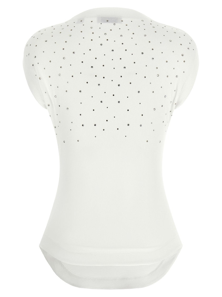 Off-White Ribbed Stretch Viscose Jersey Top With Swarovski Crystal Embellishments