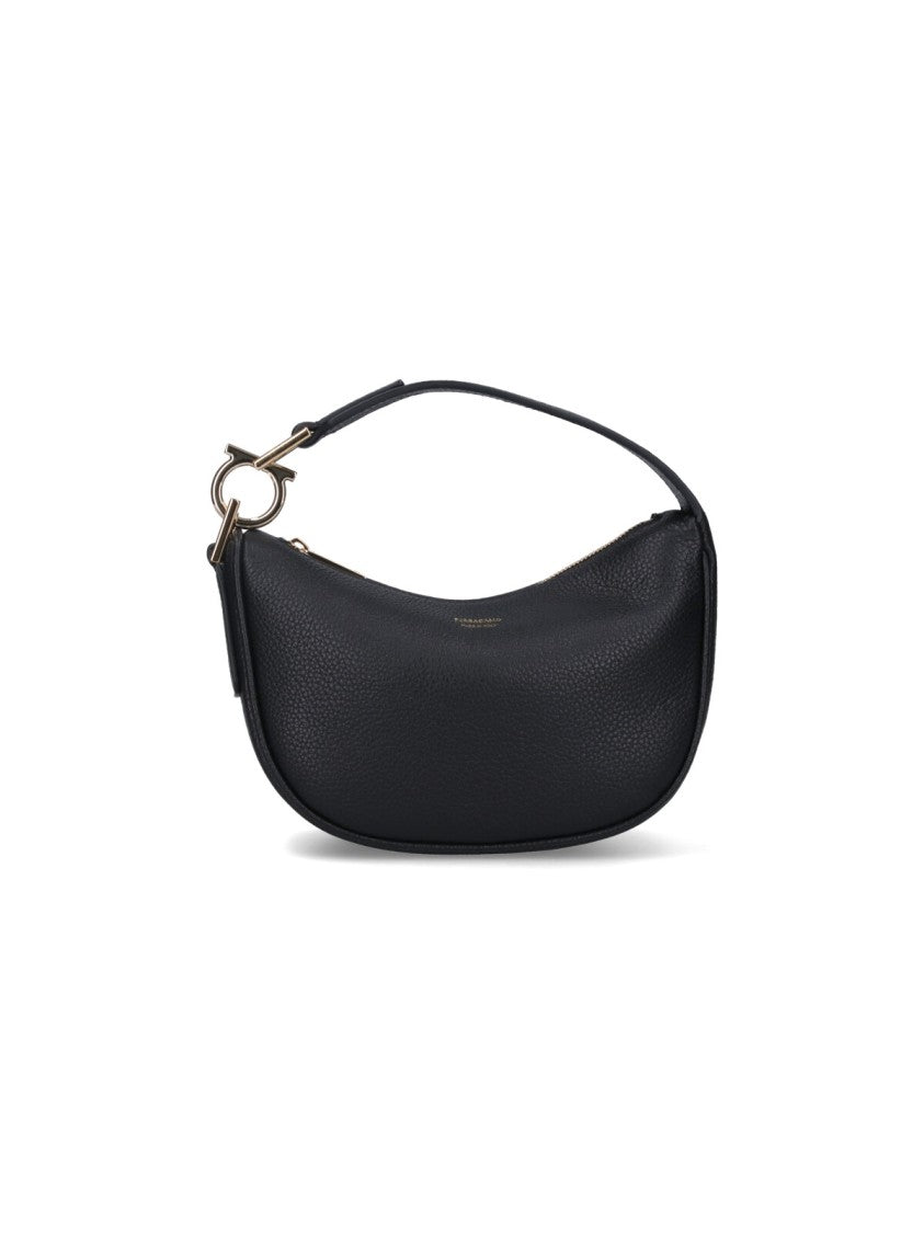 Ferragamo "North-South" Mini Hobo Bag In Black Hammered Calfskin