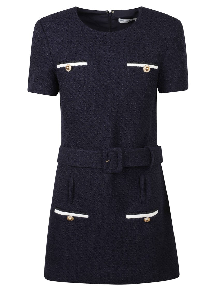 Self-Portrait Structured Blue Mini Dress With Fitted Bodice And Flared Skirt