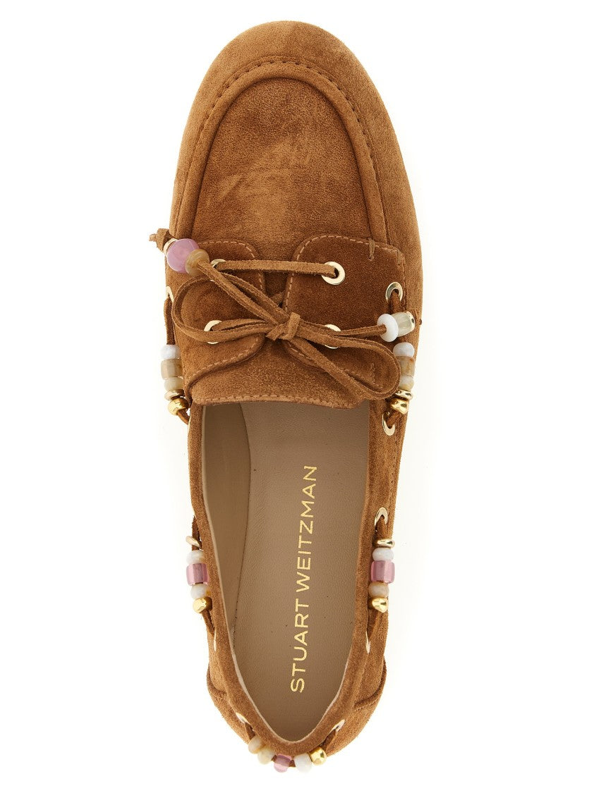 Stuart Weitzman Brown Suede Boat Shoe With Beaded Lace And Cabochon