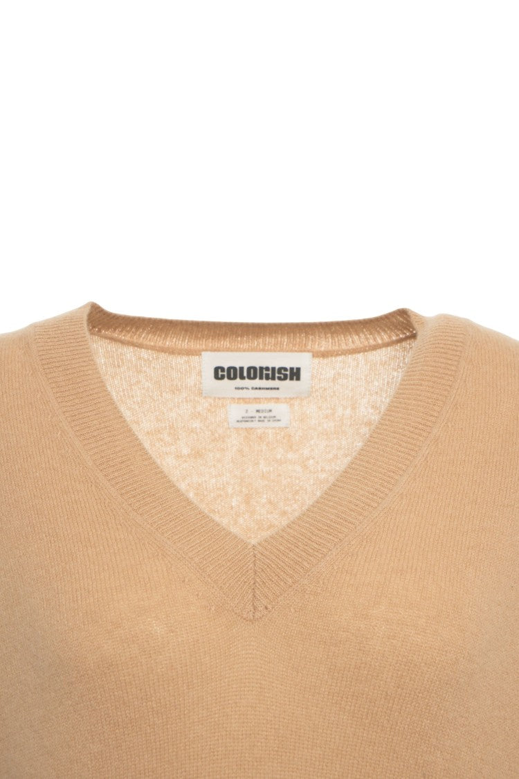 Crush Beige Cashmere Sweater With V-Neck And Ribbed Detailing