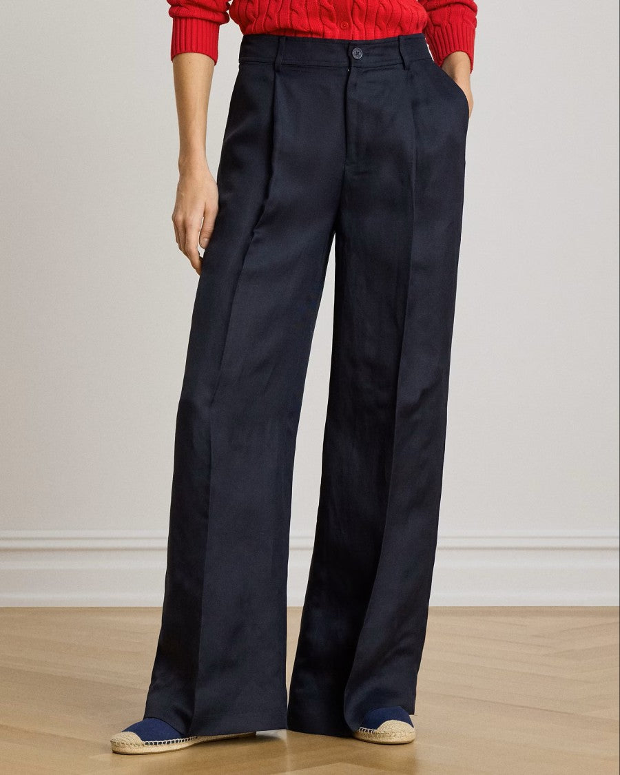Lauren Ralph Lauren Navy Blue Woven Linen Wide Trousers