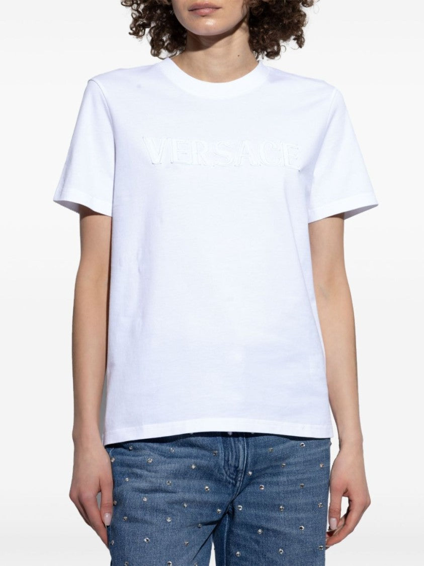 Versace `` Fringed Logo Embroidery T-Shirt