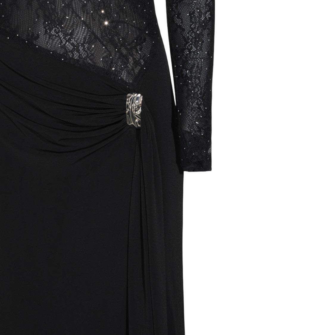 Nissa Draped Asymmetrical Hem Lace Bodice Fitted Dress