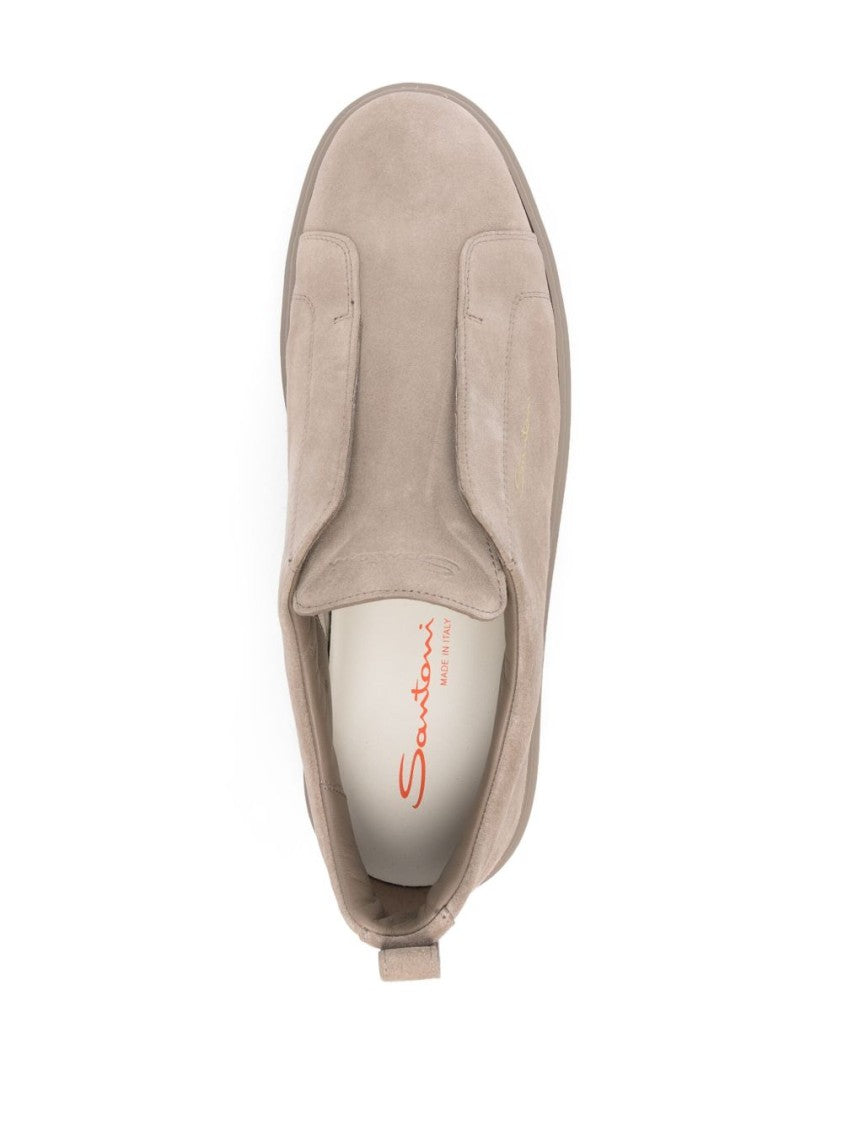 Santoni Taupe Calf Suede Slip-On Sneakers