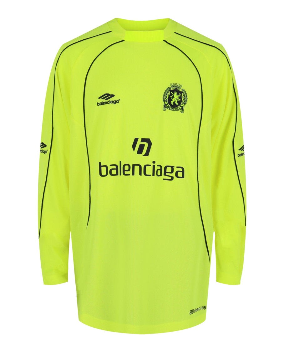 Balenciaga Neon Yellow Long Sleeve Soccer Shirt With Embroidered Graphics