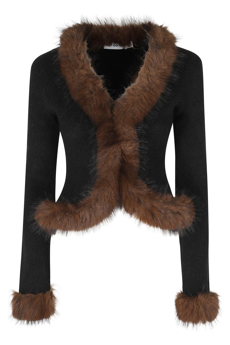 Self-Portrait Black Faux Fur Trimmed V-Neck Cotton-Blend Cardigan