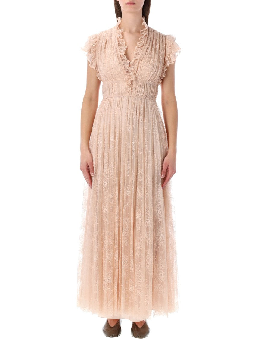 Alberta Ferretti Pleated Lace V Neck Evening Dress