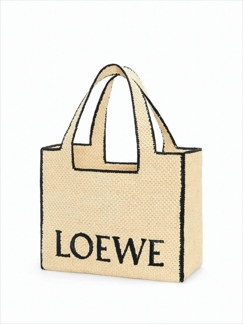 Loewe Woven Raffia Tote Bag With Bold Black Edging