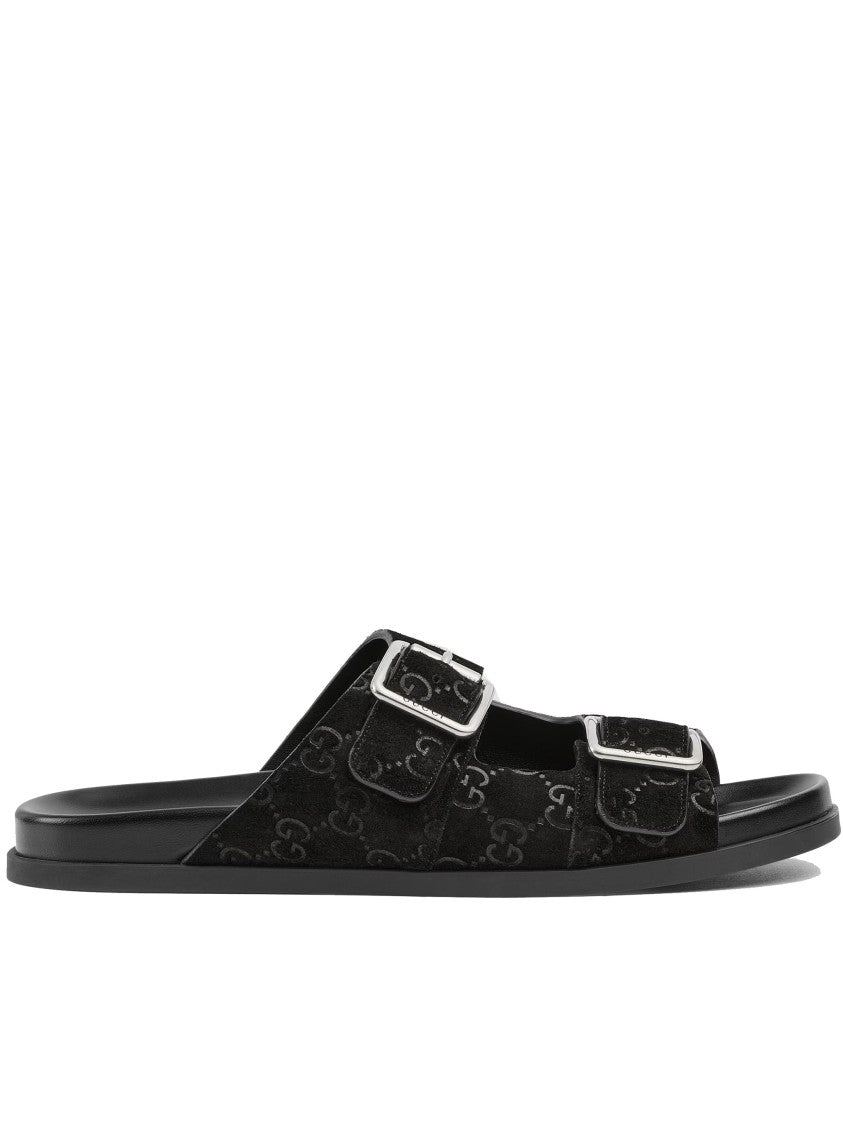 Gucci Black Rhein Open Suede Slide Sandals