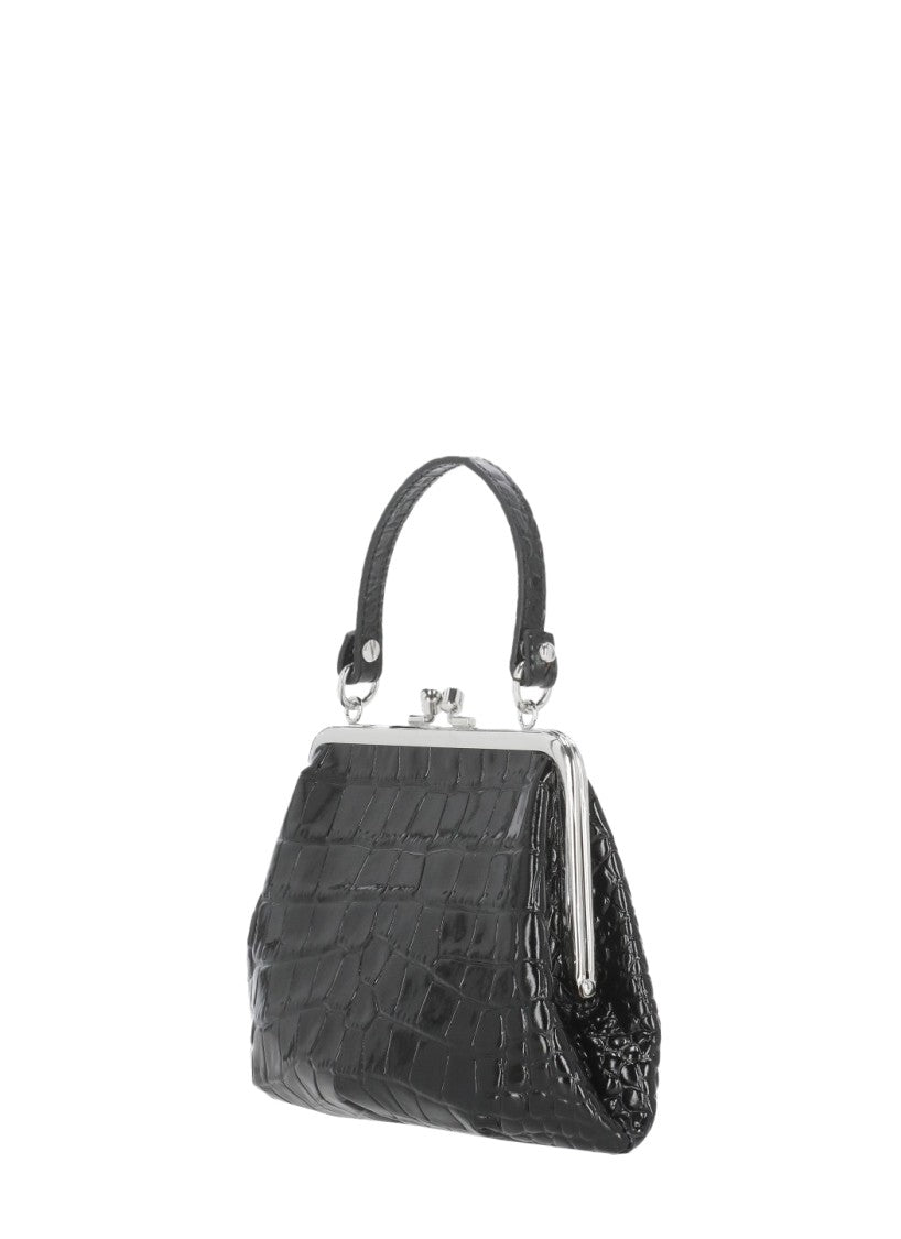 Vivienne Westwood Granny Frame Black Crocodile Handbag With Metal Logo And Chain Strap