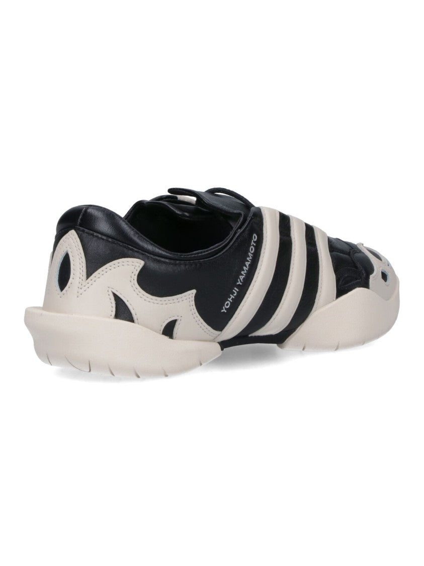 Y-3 Black Leather Sneakers With Cream Accents And Iconic Stripes