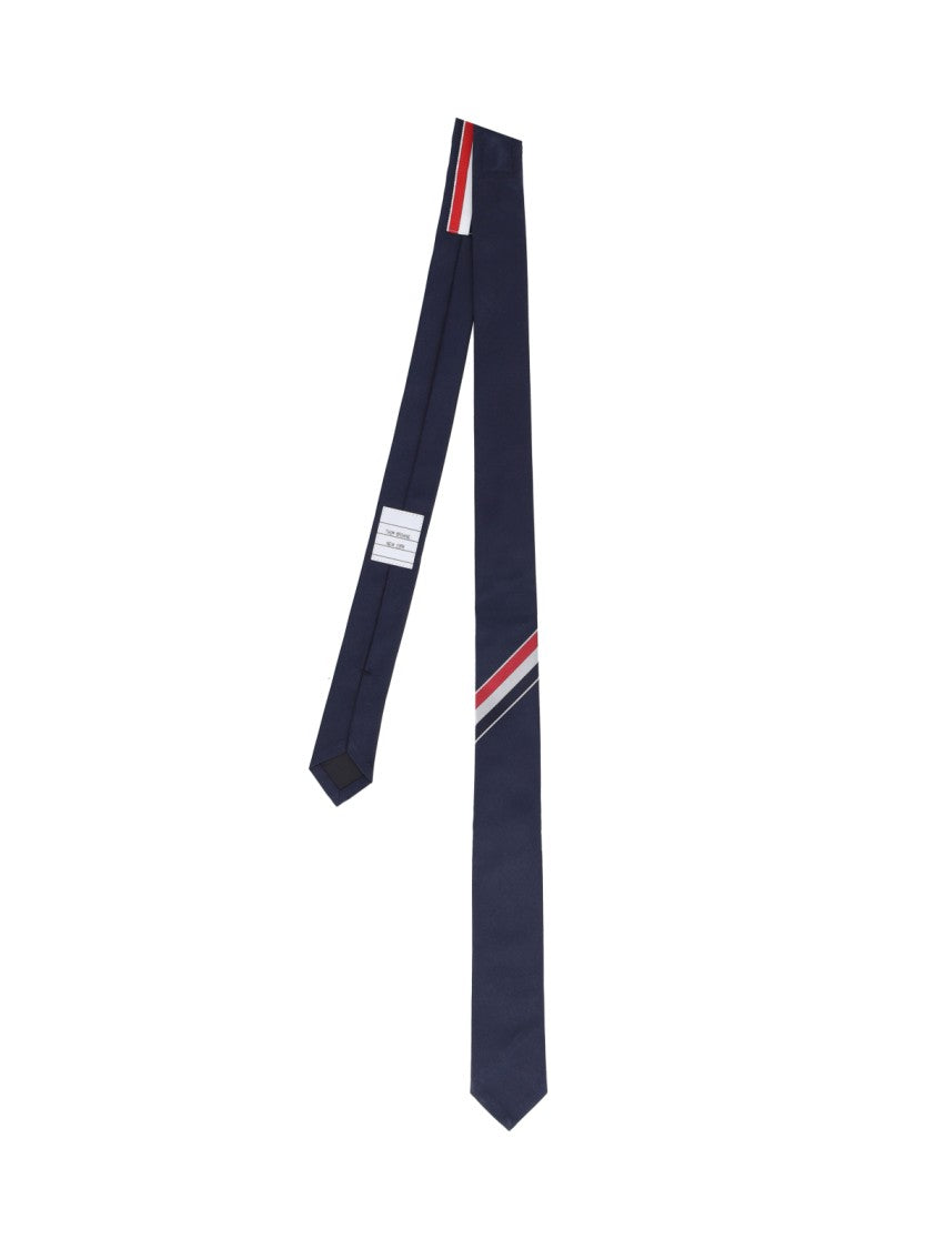 Thom Browne Navy Silk Tie With Tricolor Stripe Detail