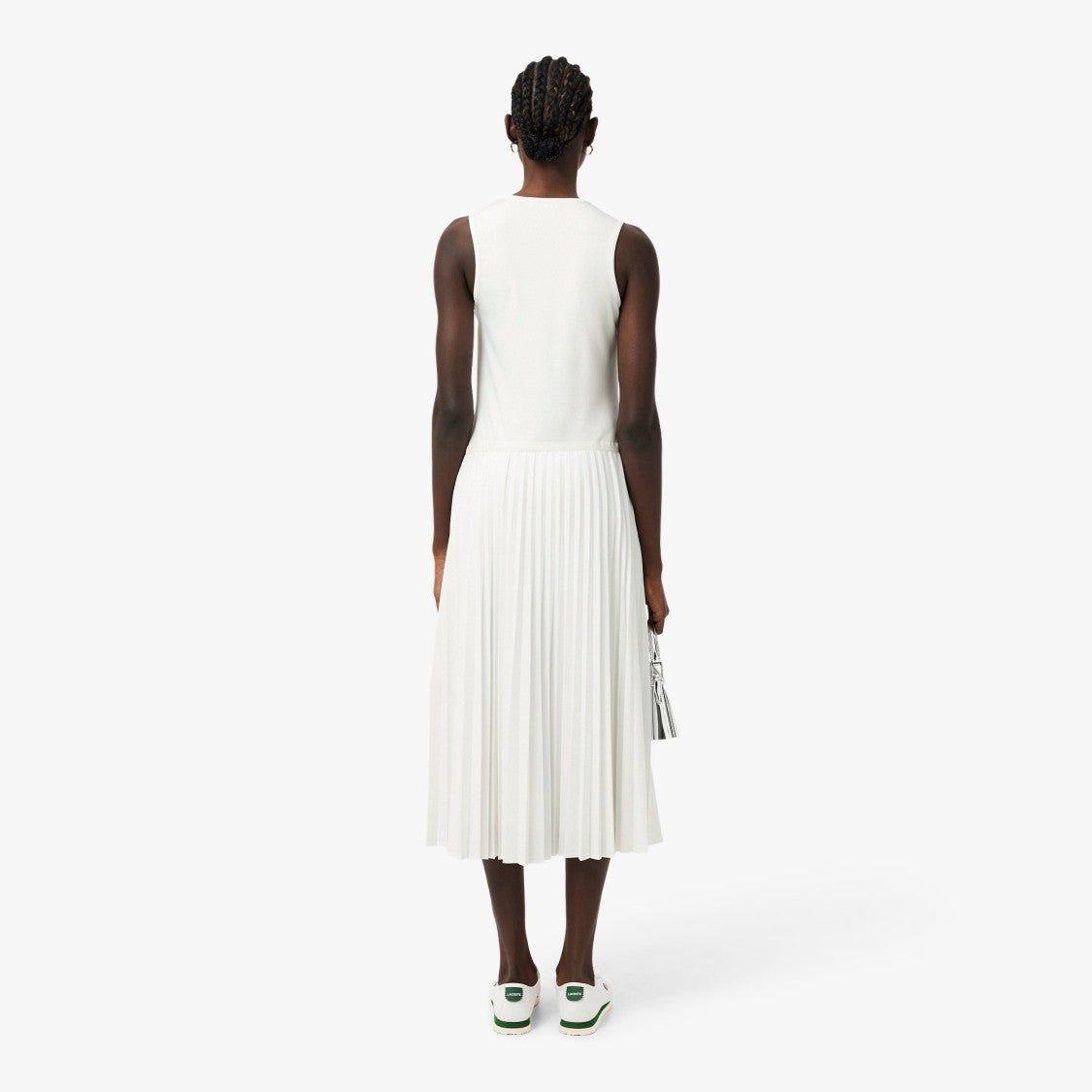 Lacoste White V-Neck Pleated Midi Dress
