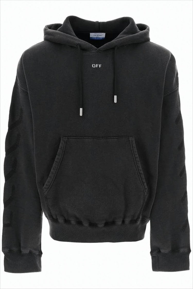 Off-White Cropped Black Hoodie With Embossed Detailing And Graphic Print