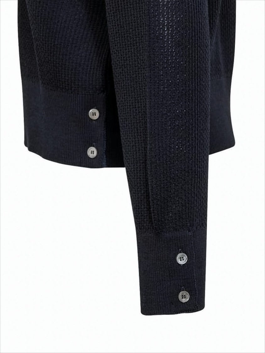 Thom Browne Black Structured Knit Sweater With Buttoned Cuffs