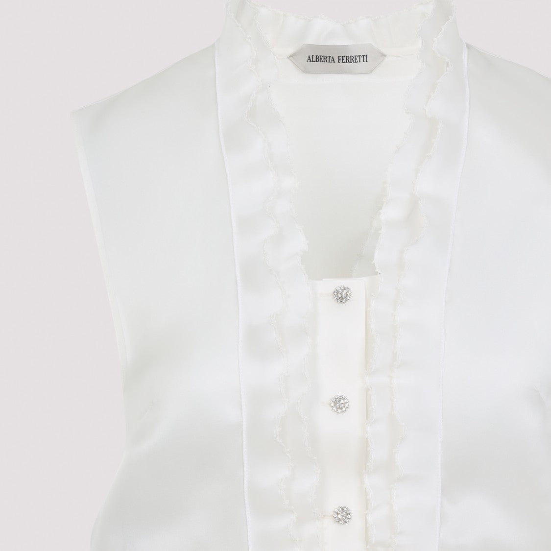 Alberta Ferretti Sleeveless Silk Top With Ruffled V-Neckline And Button Detail