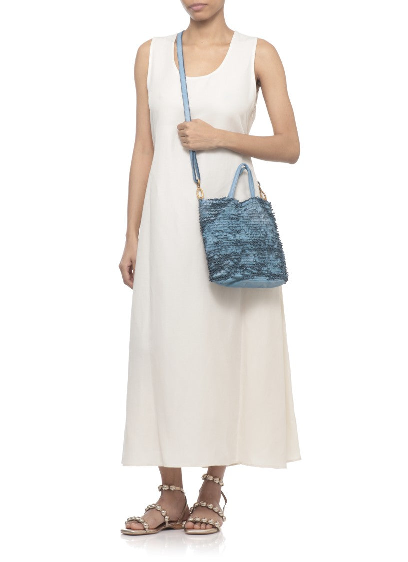 Majo Blue Textured Micro-Fringe Shoulder Bag
