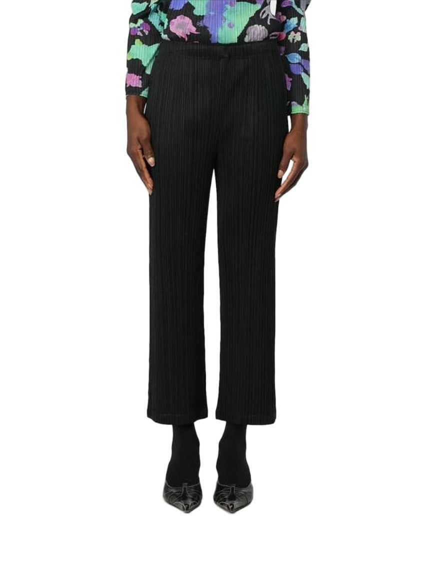 Pleats Please Cropped Black Pleated Pants With Elastic Waistband