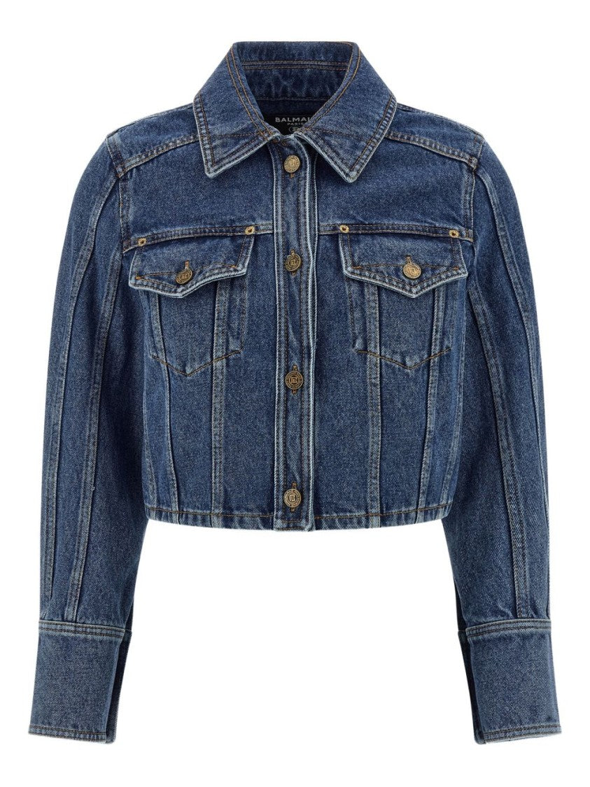 Balmain Cropped Denim Jacket With Classic Collar