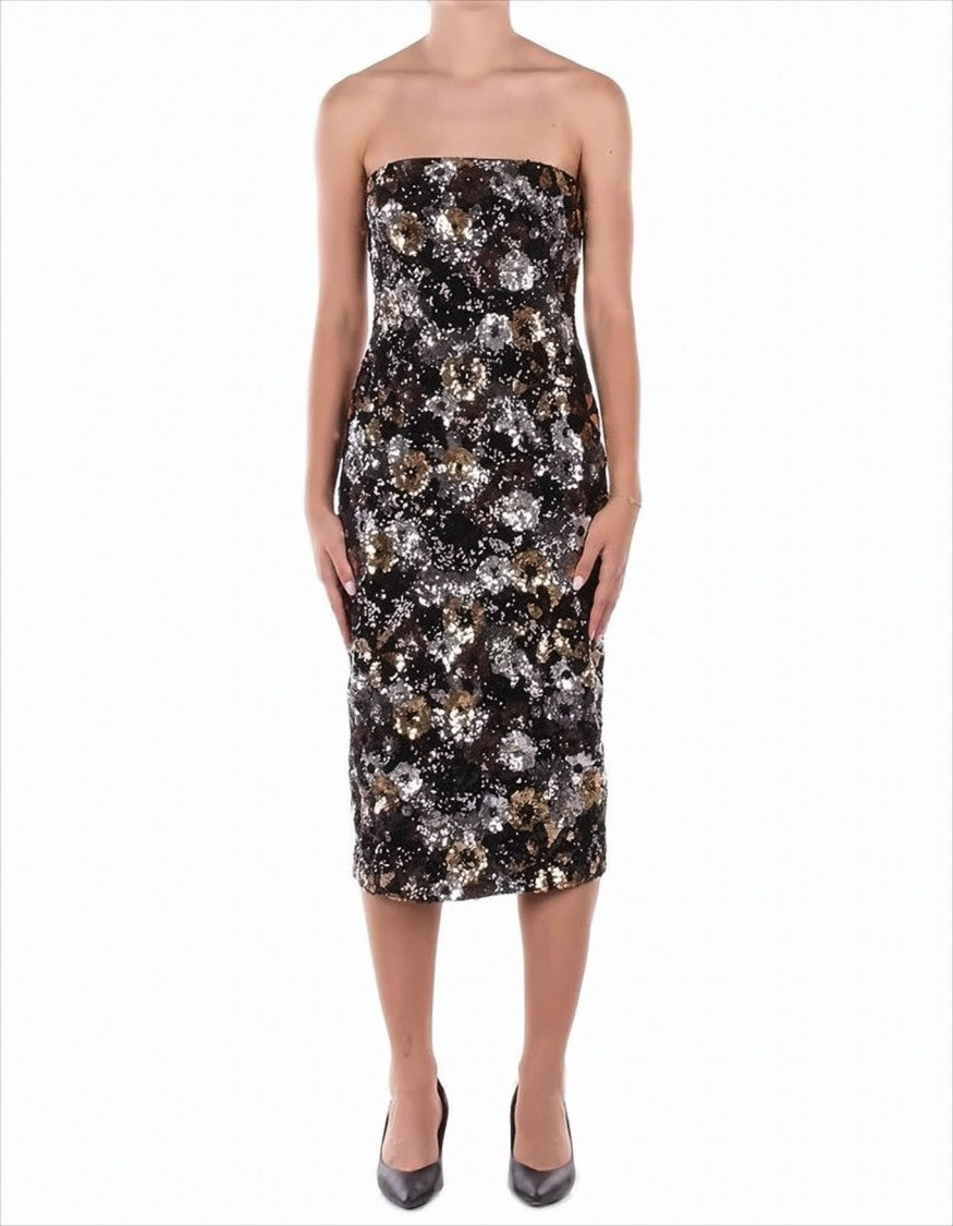 Max Mara Strapless Midi Dress With Rhinestone Floral Embellishments