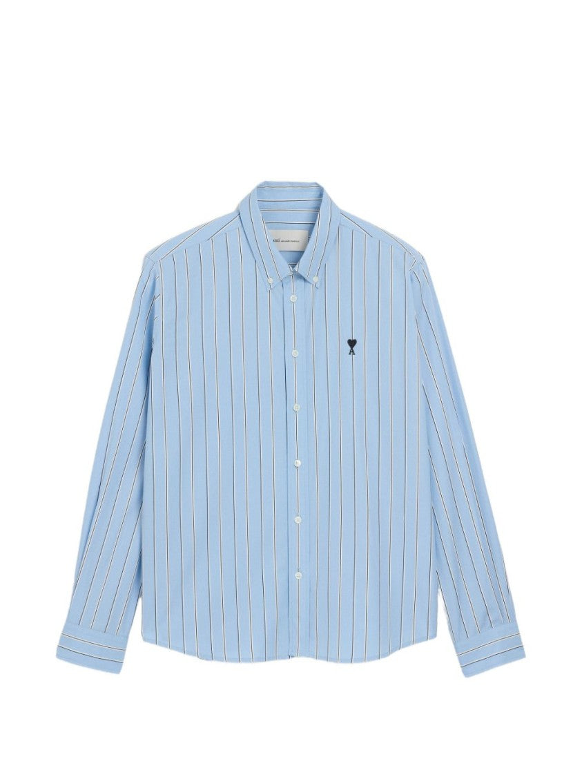 Ami Paris Light Blue Striped Button-Up Shirt With Classic Collar