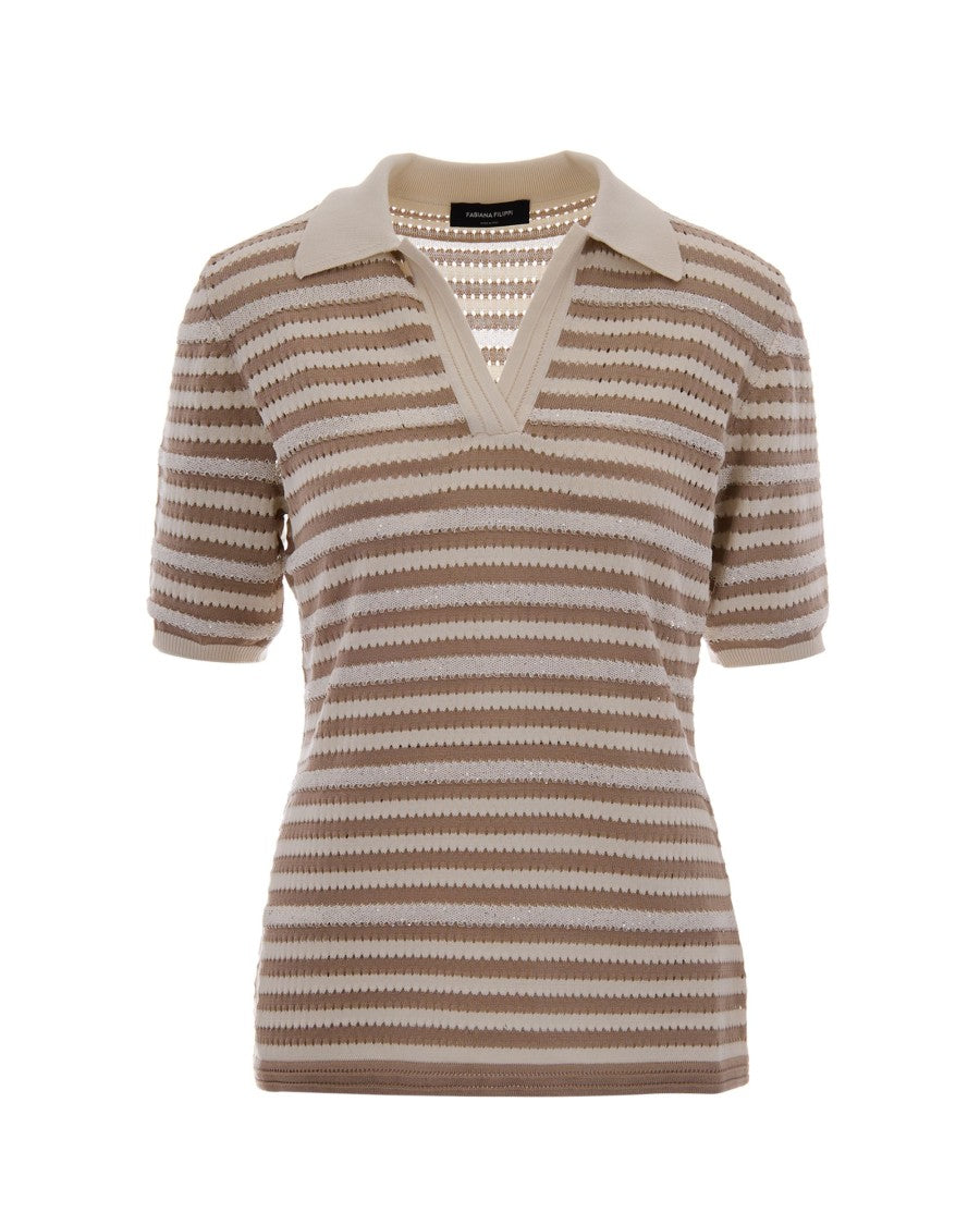Fabiana Filippi Polo Top With Micro Paillettes And Lace Stripes
