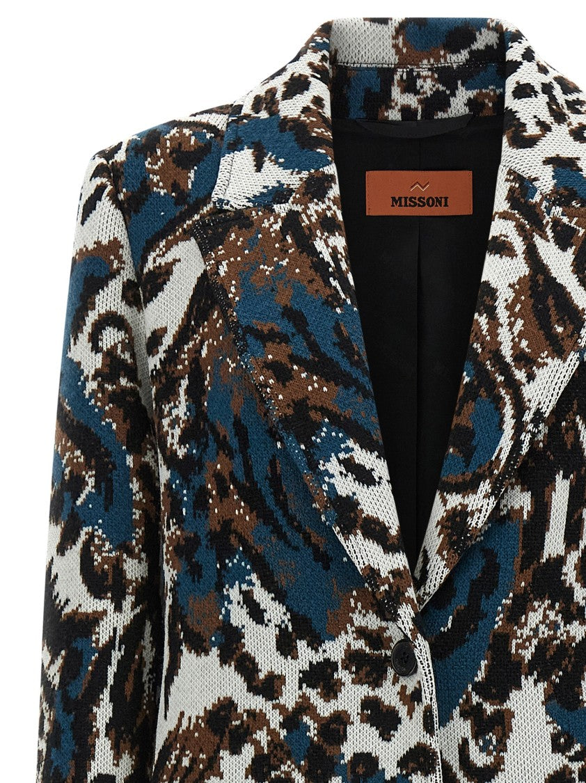 Missoni Animalier Wool Jacquard Coat With V-Neck And Peak Lapels